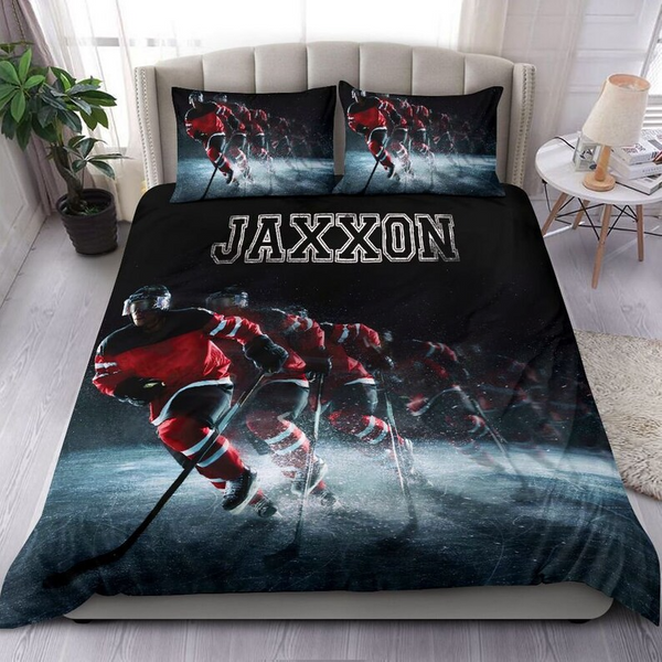 Personalized Name and Number Ice Hockey Bedding Set for Boys, Custom B