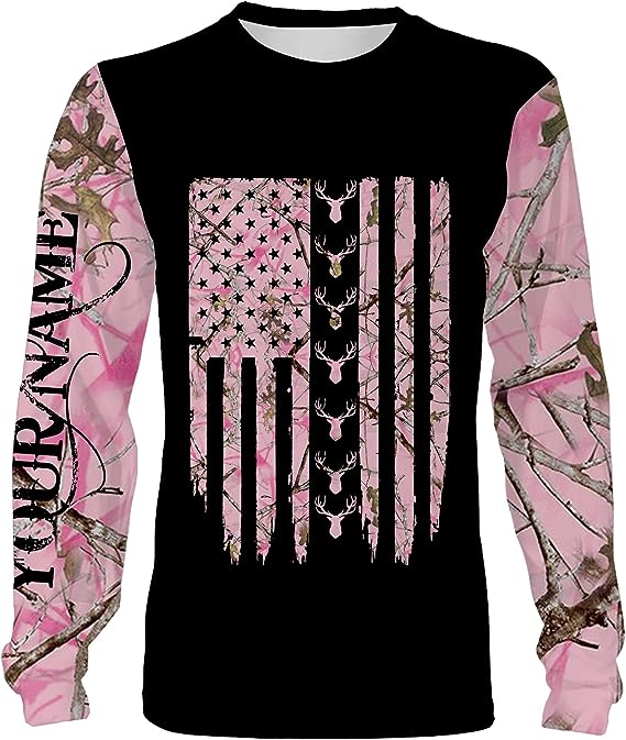 American Flag Patriotic Country Girl Clothing Pink Girl Camo Deer Hunting  Custom Name Longsleeve 3D For Men And Women