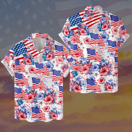 USA Flag Baseball Dad Men's Cuban Collar Shirt Print Button Down Tees  Short-Sleeve Blouse Tops